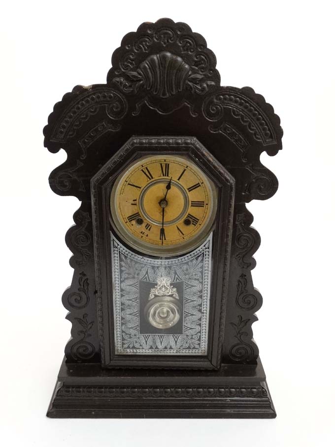 American Clock : ' Ansonia Clock Co ' a late 19thC ebonised 8 day 6" dial clock striking on a - Image 4 of 6