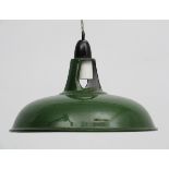 Vintage Industrial : a ' Coolicon ' Green Enamel pendant light shade measuring 10 1/2" diameter.