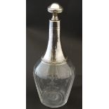 A silver decanter with etched foliate decoration and Continental French white metal mounts 10 1/2"