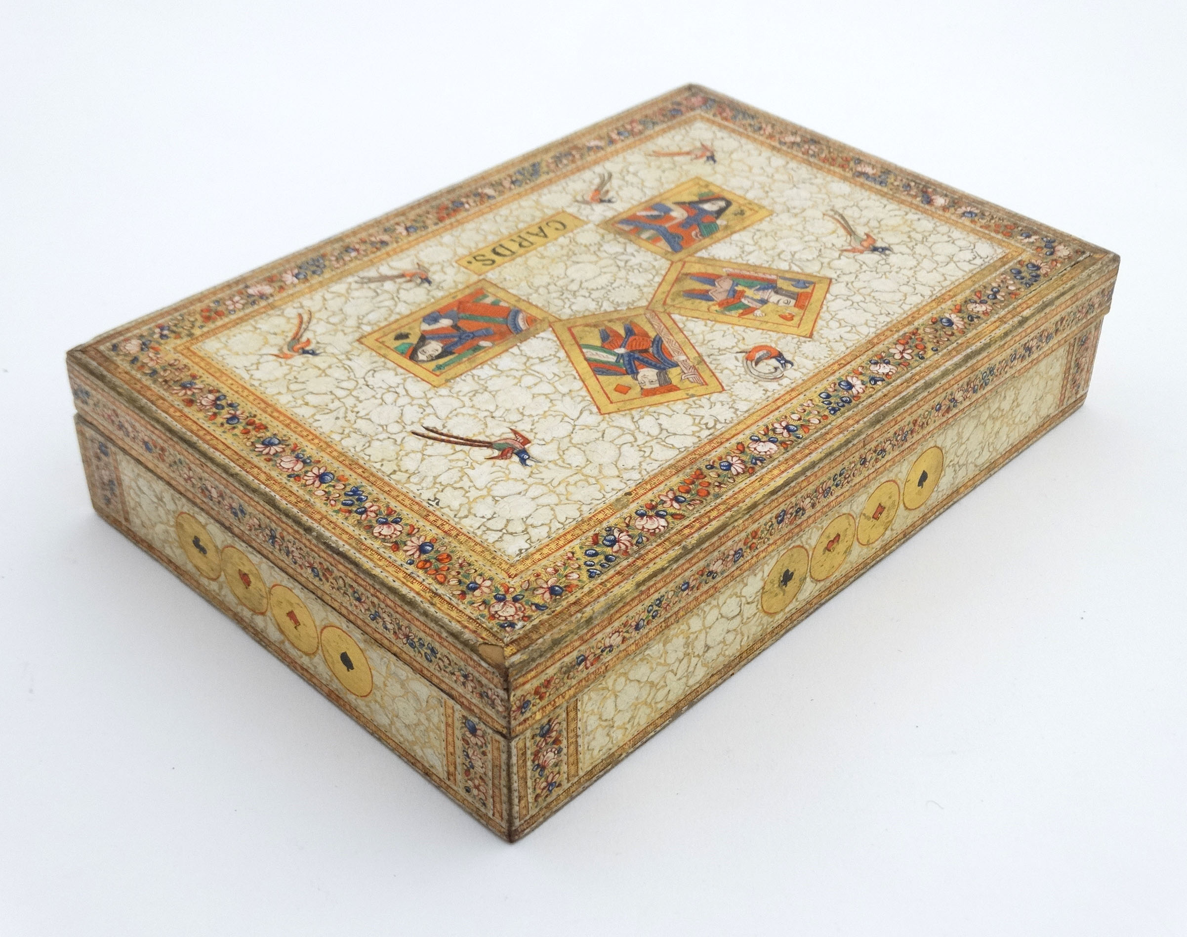 Kashmir : An Indian decorated four sectional wooden card box with gilt an polychrome decoration 9 - Image 4 of 6