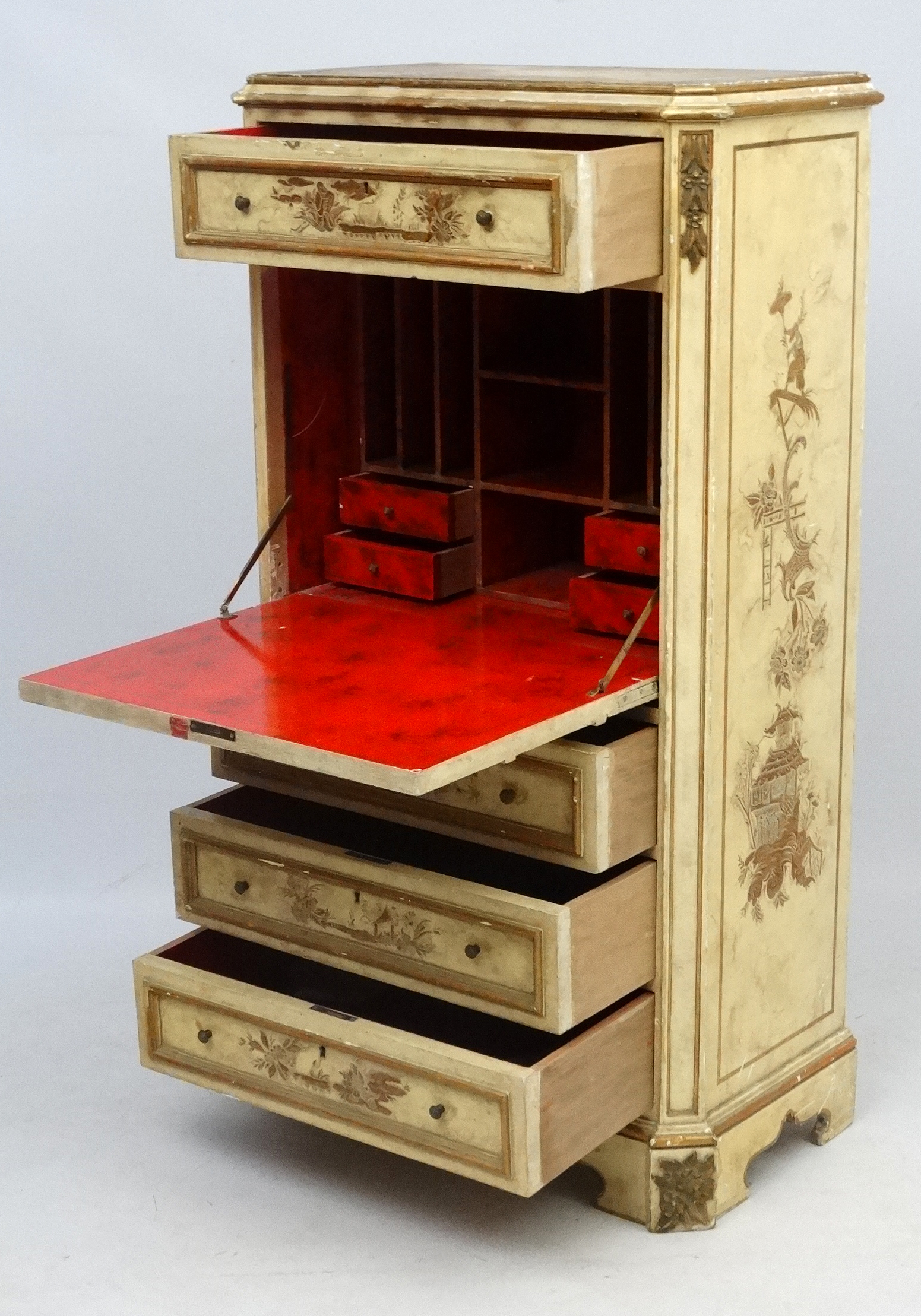 An early 20thC escritoire with gilt and cream Chinoiserie lacquered decoration 32" wide x 57 1/4" - Image 7 of 9