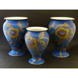 A set of 3 (2+1) 20thC vases , with handpainted floral decoration in green,