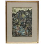 C. 1900 Southeast Asian, Watercolour and gouache, Figures, buildings ,water etc. in the countryside.