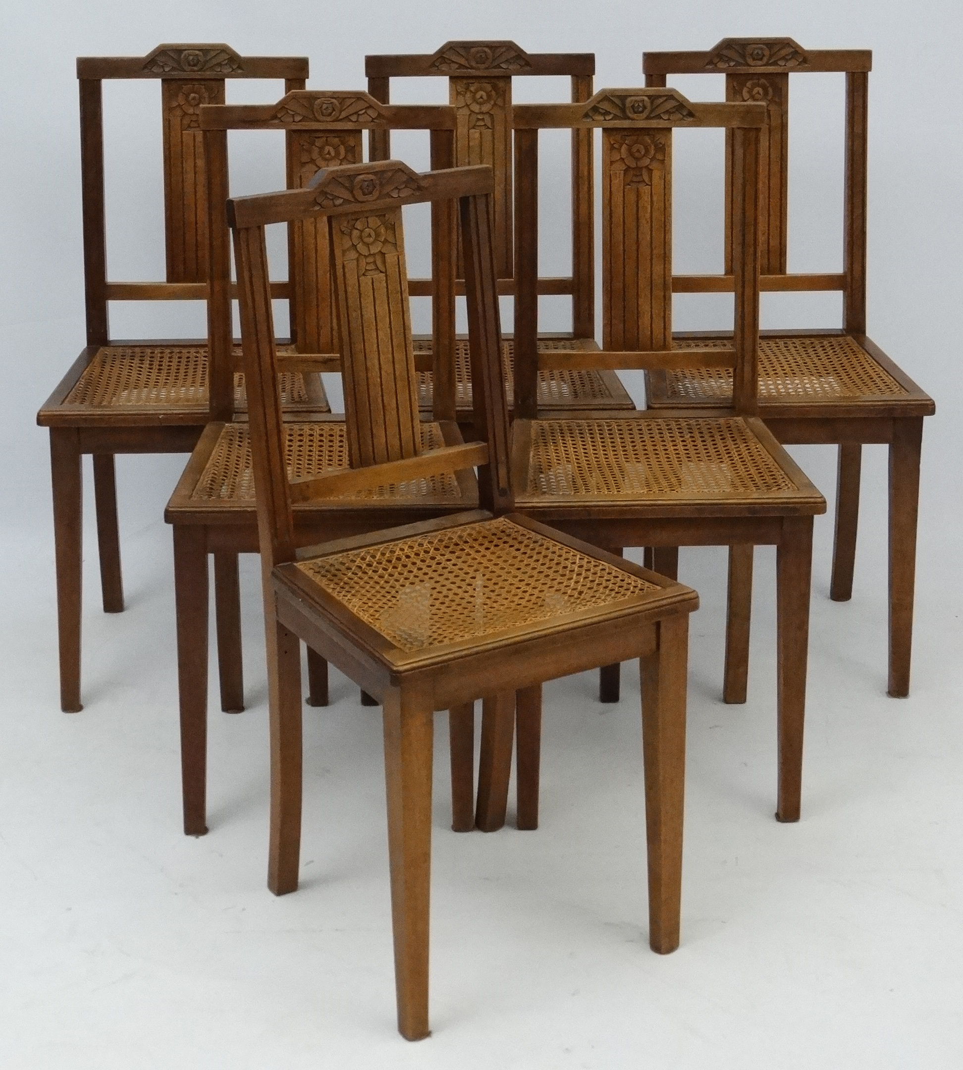 Art Deco : A set of 6 French Walnut Dining chairs with carved back splat and top rail and caned - Image 4 of 5