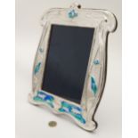 A 21stC silver photograph frame with Art Nouveau style enamel decoration depicting Kingfishers,