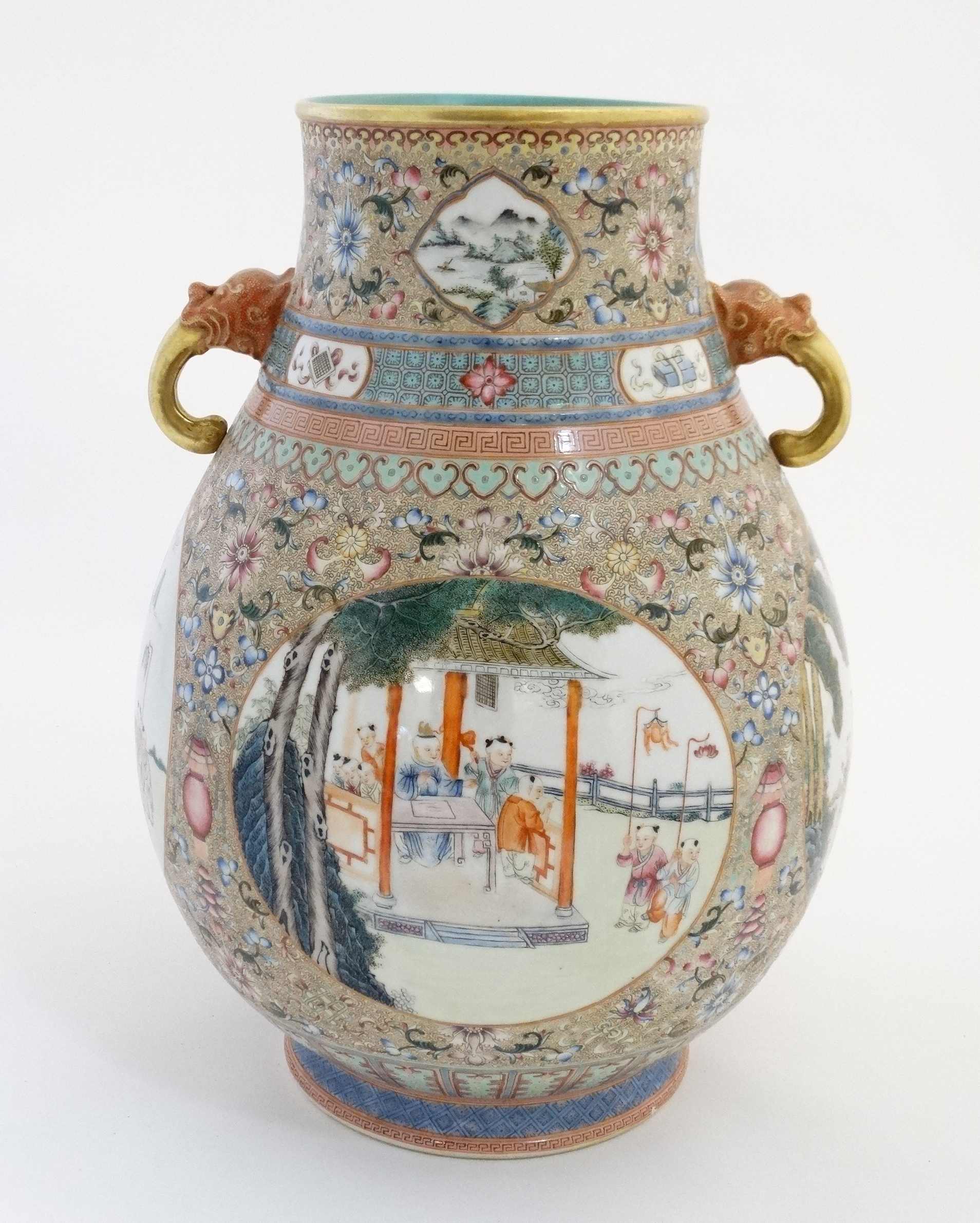 A large Chinese famille rose 'Niutou Zuo' twin handled vase, - Image 3 of 6