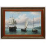 James Hardy XX Marine School, Oil on canvas board, Man of war and other vessels in harbour,