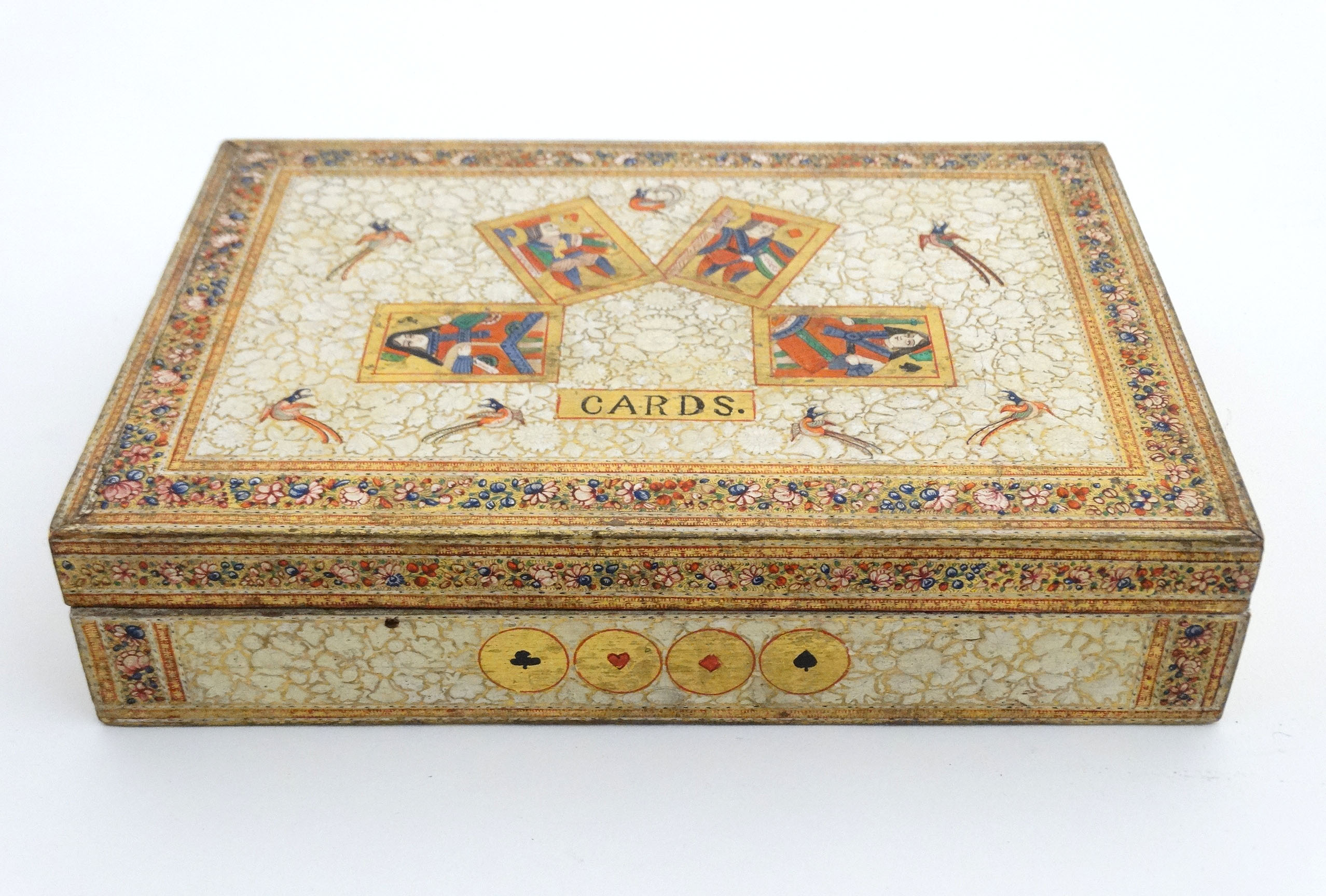 Kashmir : An Indian decorated four sectional wooden card box with gilt an polychrome decoration 9 - Image 3 of 6