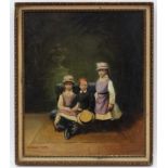 Victoria Harrington XX, Oil on board, Two girls and a boy in Edwardian Costume, Signed lower left.