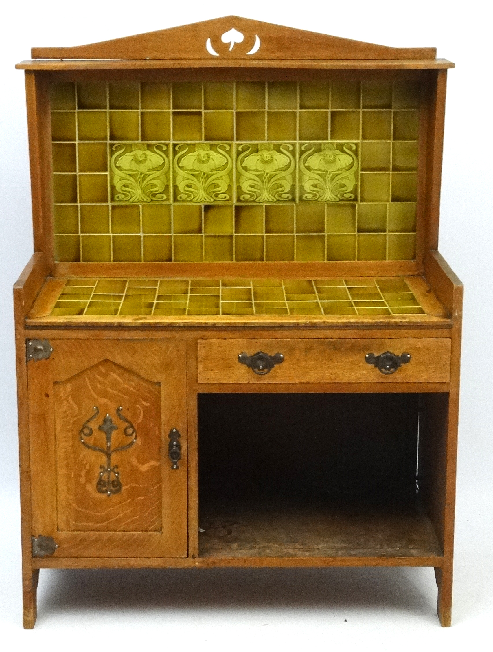 Art Nouveau : a Washstand with tile base and back ( some decorative ) and oak construction with