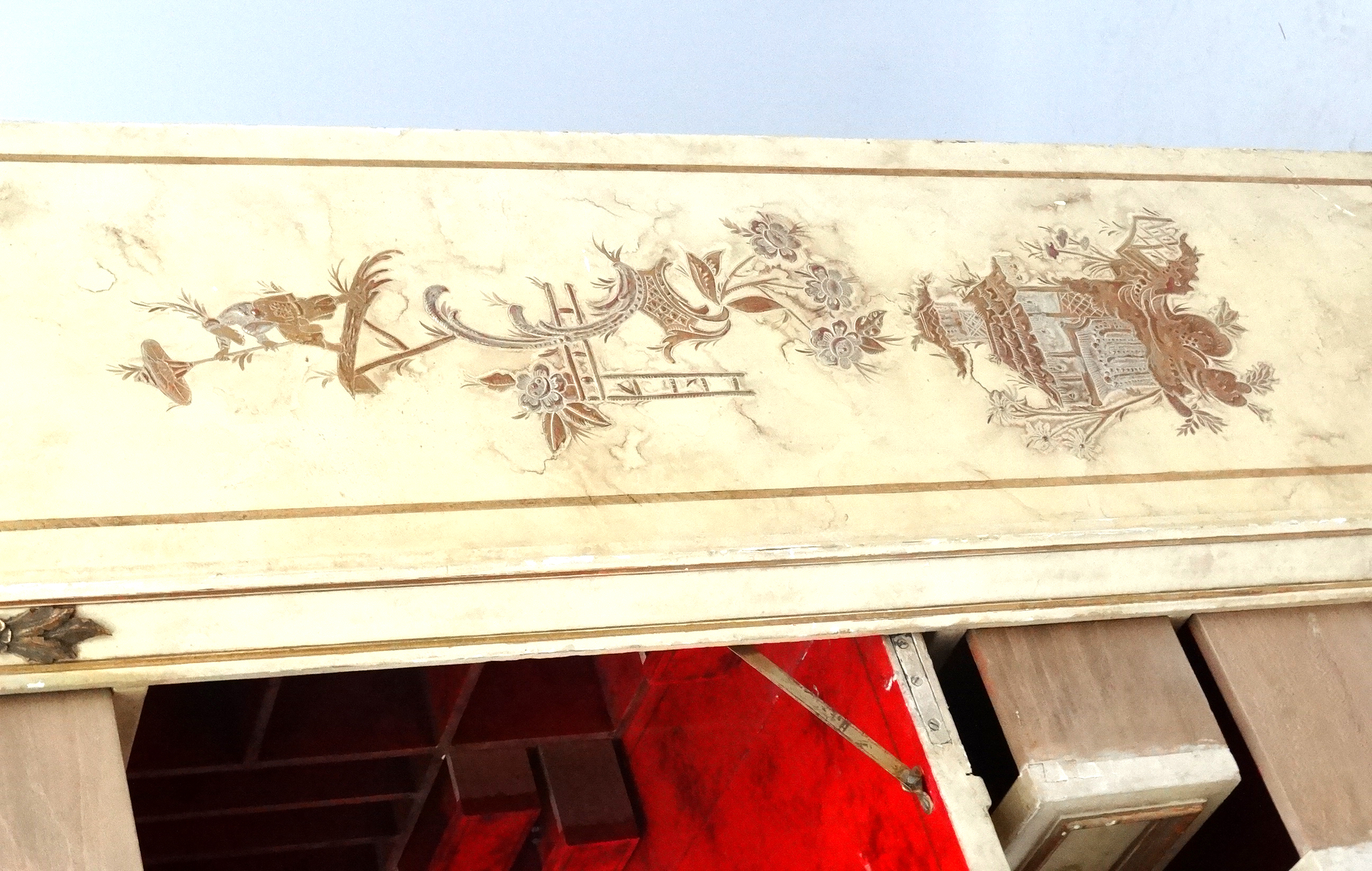 An early 20thC escritoire with gilt and cream Chinoiserie lacquered decoration 32" wide x 57 1/4" - Image 3 of 9