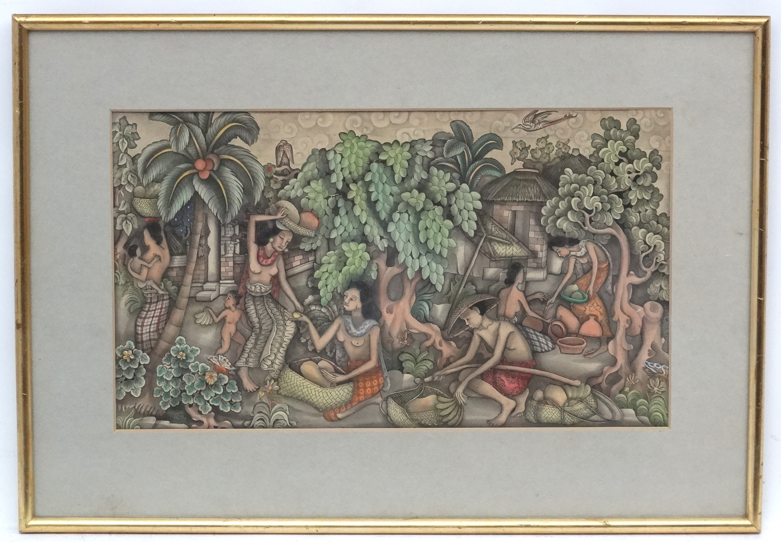 C. 1900 Southeast Asian, Watercolour and gouache, Figures and buildings in the countryside.