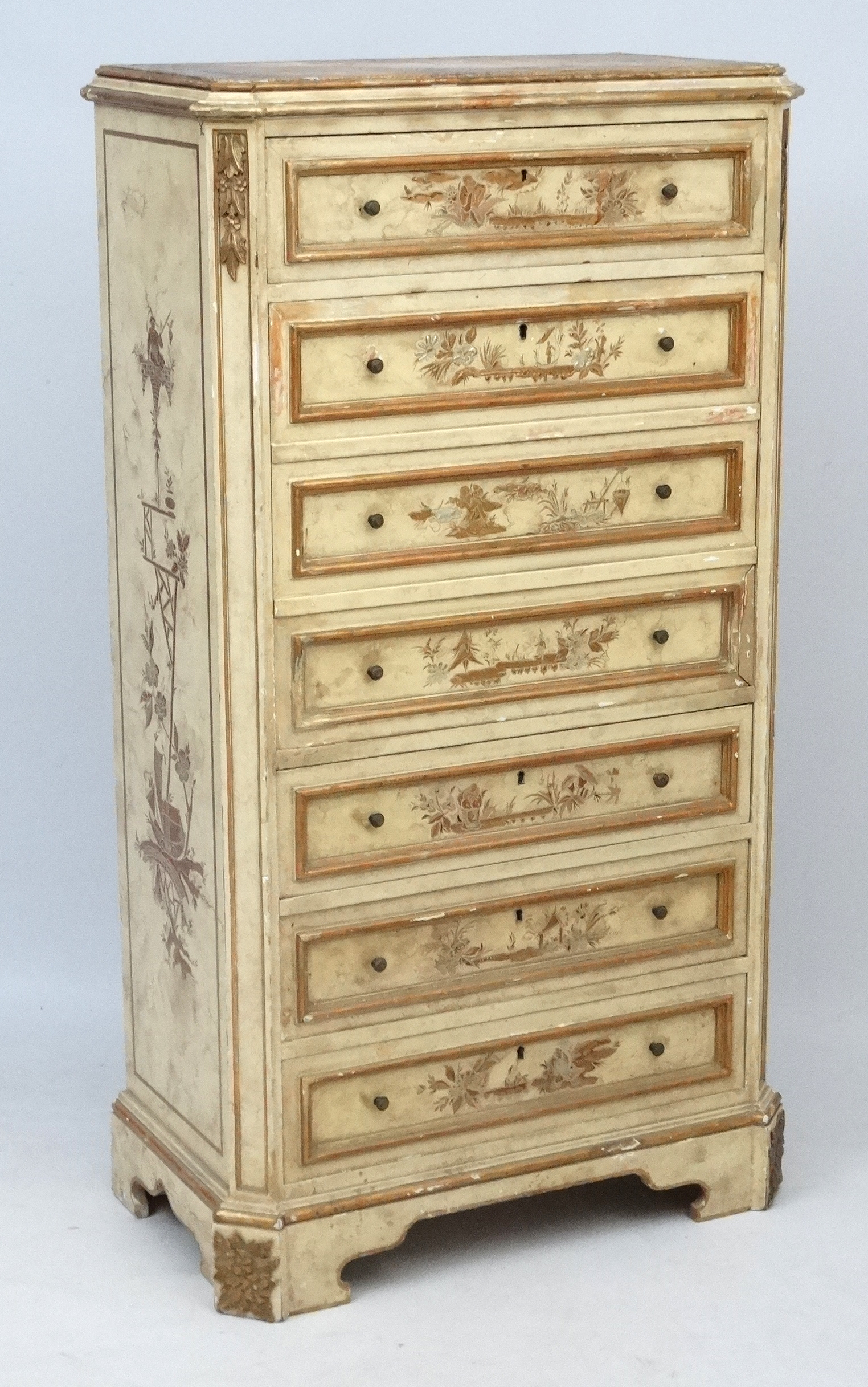 An early 20thC escritoire with gilt and cream Chinoiserie lacquered decoration 32" wide x 57 1/4" - Image 4 of 9