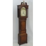 19thC longcase : a Grandfather Clock having a 13" break arch painted dial ( with figure shooting in
