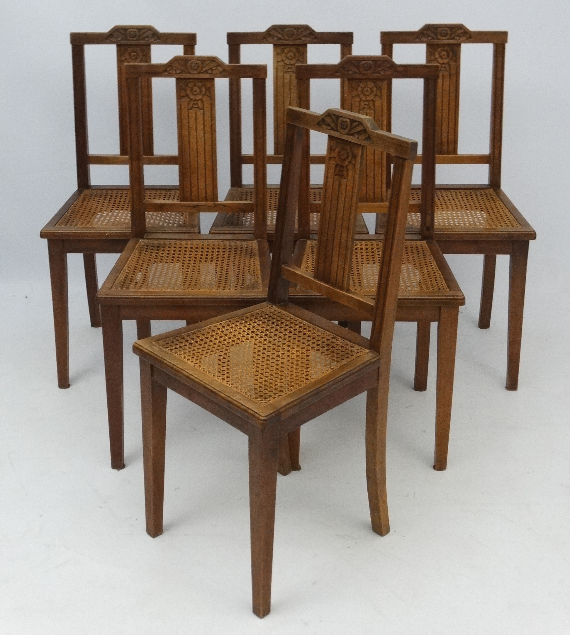 Art Deco : A set of 6 French Walnut Dining chairs with carved back splat and top rail and caned - Image 5 of 5