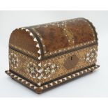 An Indian dome topped jewellery box inlaid box with silk lining 7 1/2" wide x 4 1/4" deep x 4 3/8"
