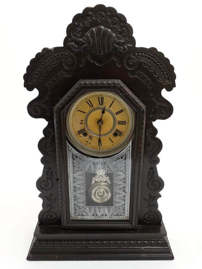 American Clock : ' Ansonia Clock Co ' a late 19thC ebonised 8 day 6" dial clock striking on a - Image 3 of 6