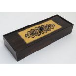 Tunbridge : A 19thC paper lined pen / pencil box with inlaid stick work to top 7" long