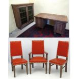 Art Deco : An impressive Limed Oak Desk suite to include a pedestal desk , display cabinet,