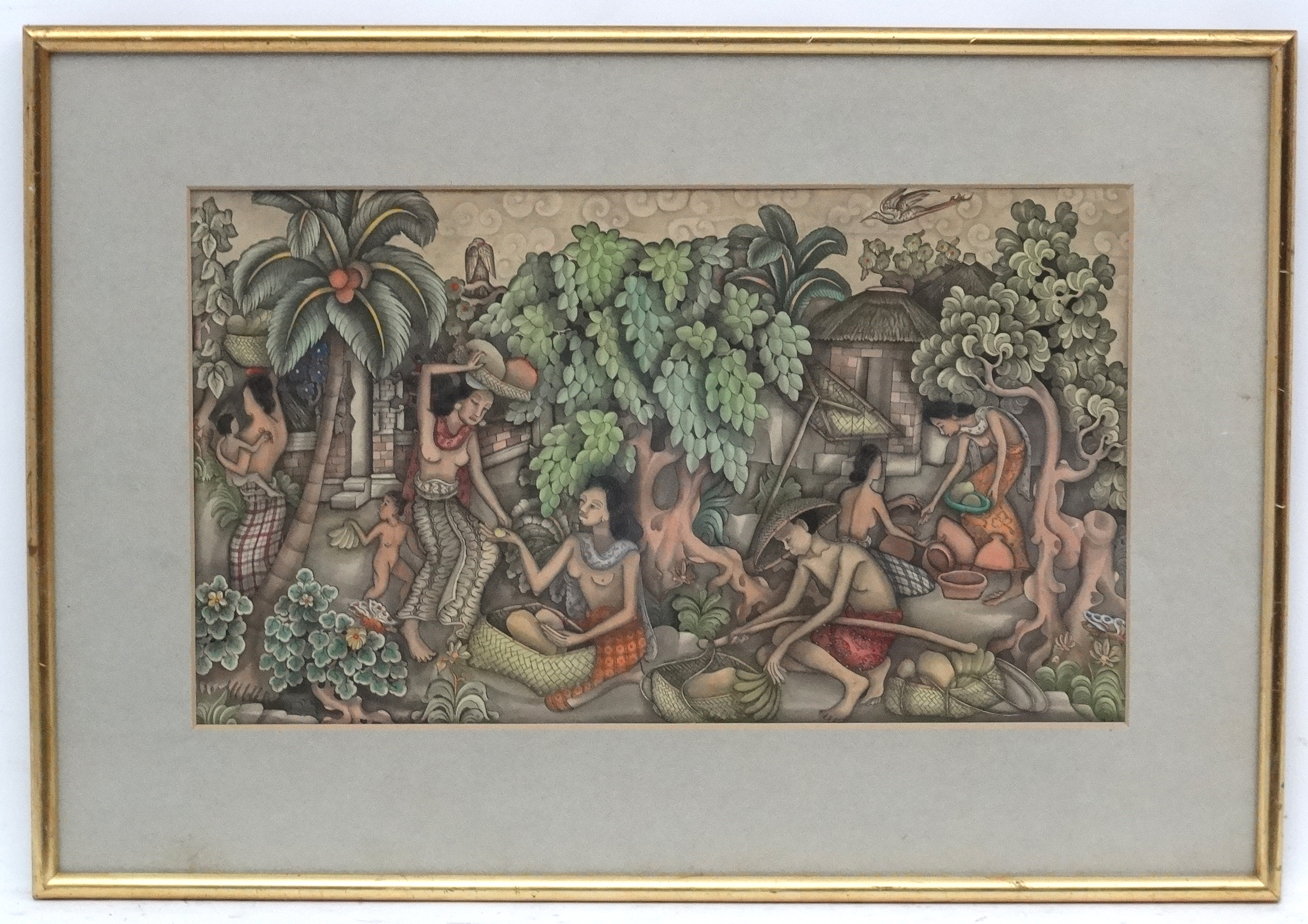 C. 1900 Southeast Asian, Watercolour and gouache, Figures and buildings in the countryside. - Image 3 of 4