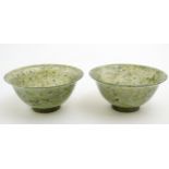 A pair of Spinach green Chinese jade dishes/bowls approx 4" diameter x 1 5/8" high