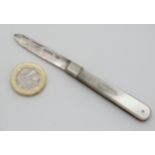 A silver mother of pearl handled folding fruit knife ,