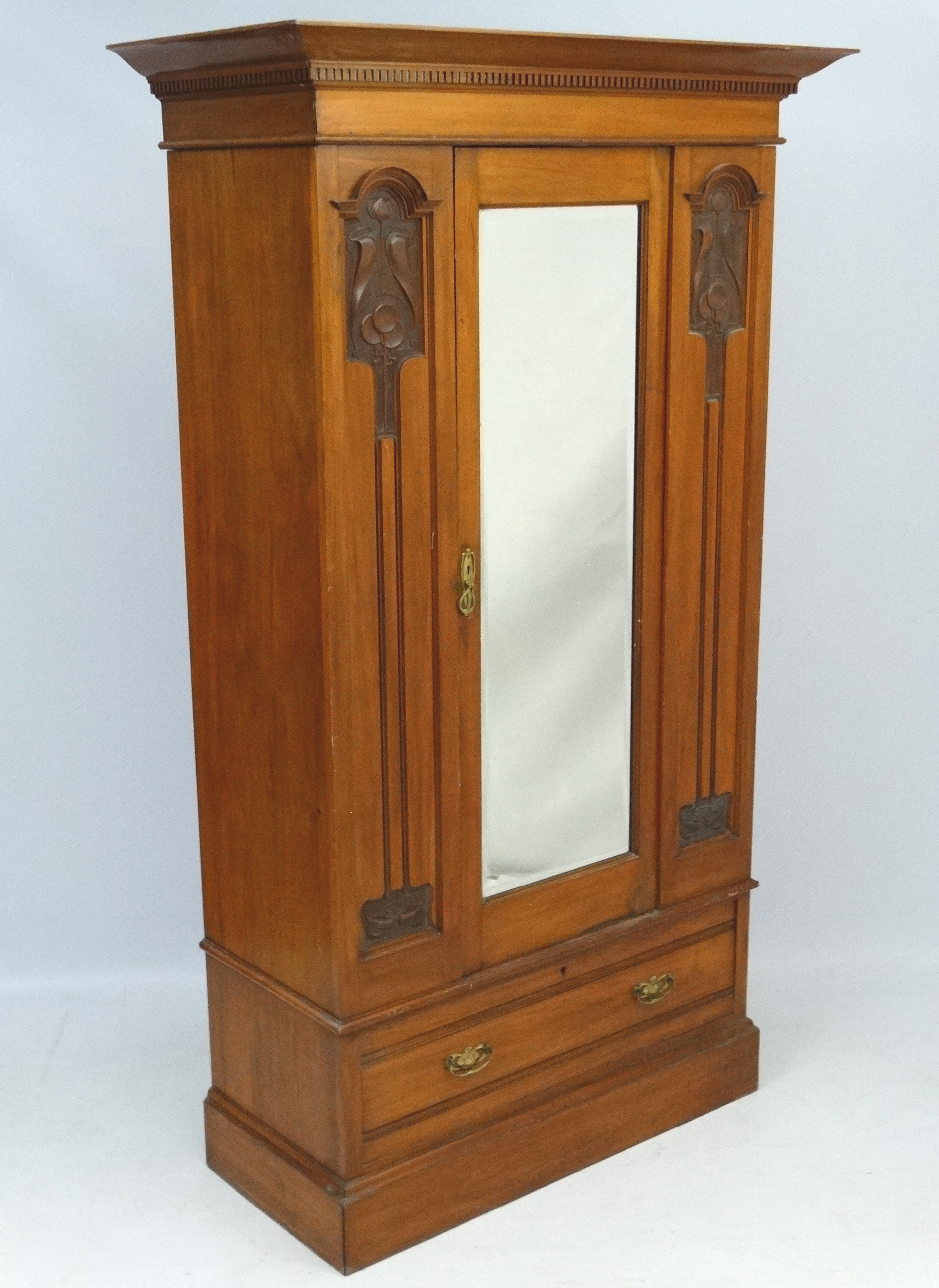 Art Nouveau : Art Nouveau : a circa 1900 Walnut ( near satin walnut ) single wardrobe with central