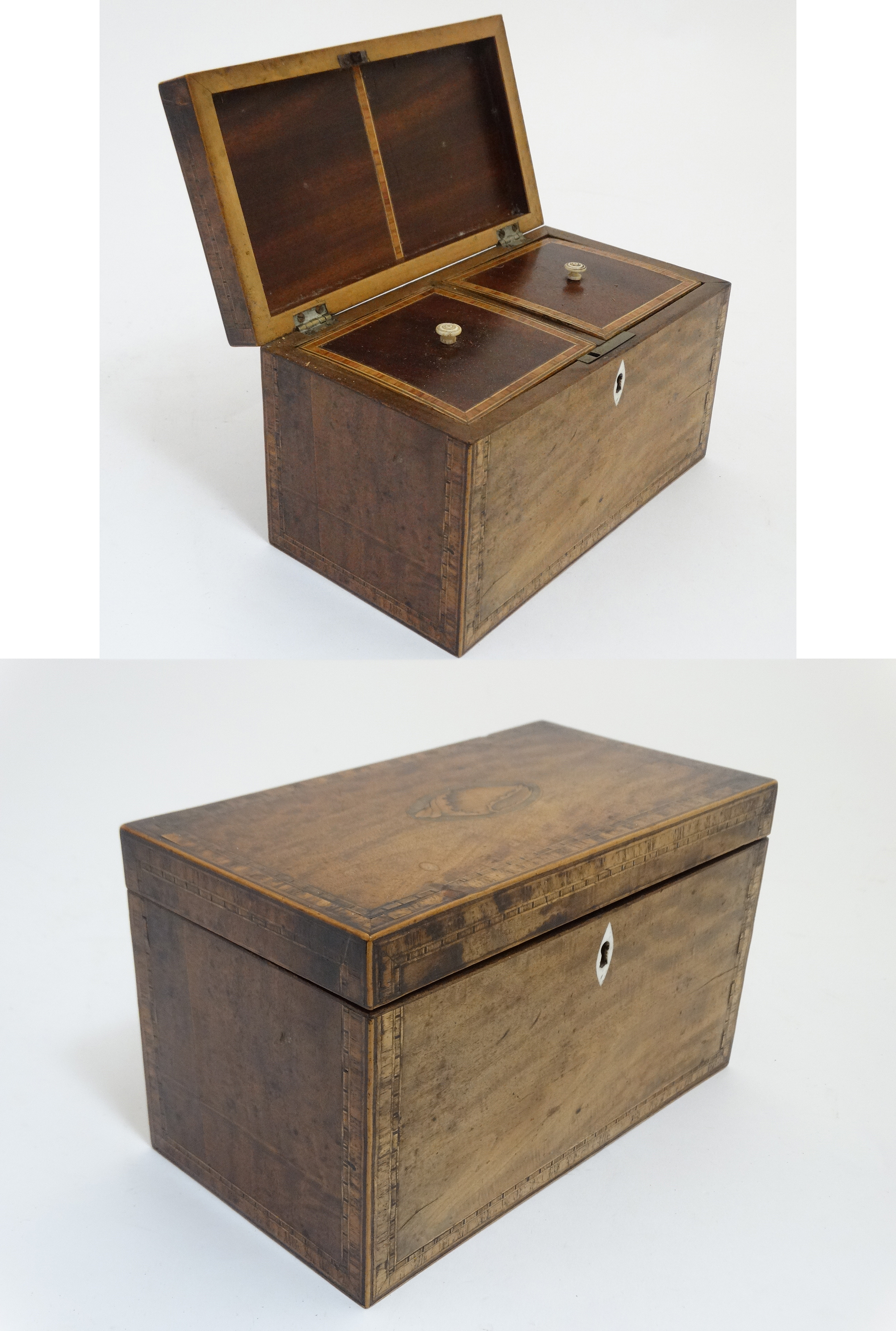 A late 18thC Sheraton shell inlaid and cross banded mahogany tea caddy opening to reveal two lidded