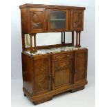 Art Deco : a Continental walnut buffet with carved doors and marble serving shelf ,