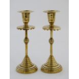 Arts and Crafts : A pair fo 19thC turned brass skep from candlesticks 7 1/8" high