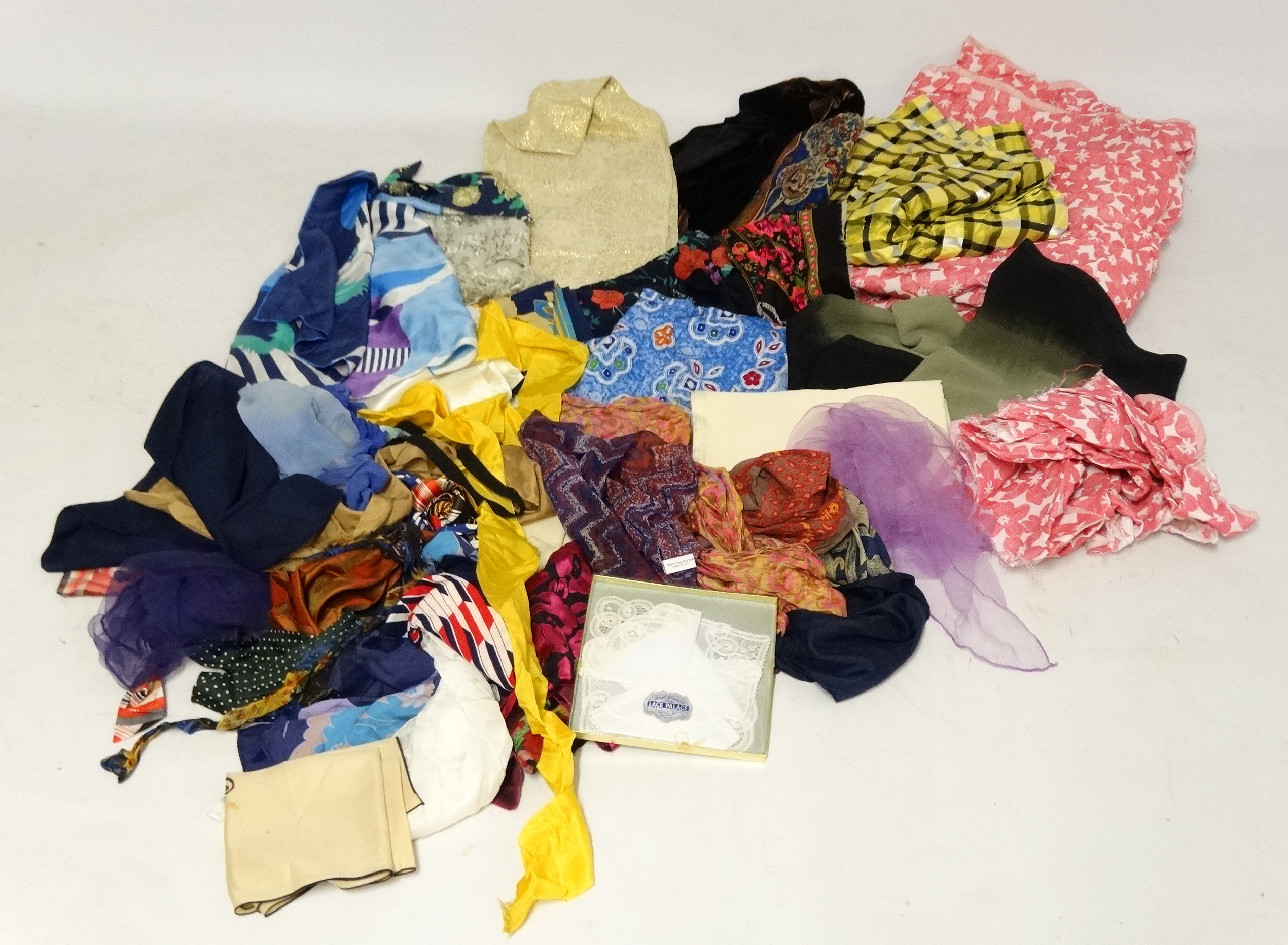 A selection of vintage textiles to include silk Richard Allan scarf, ombre blue silk chiffon scarf,