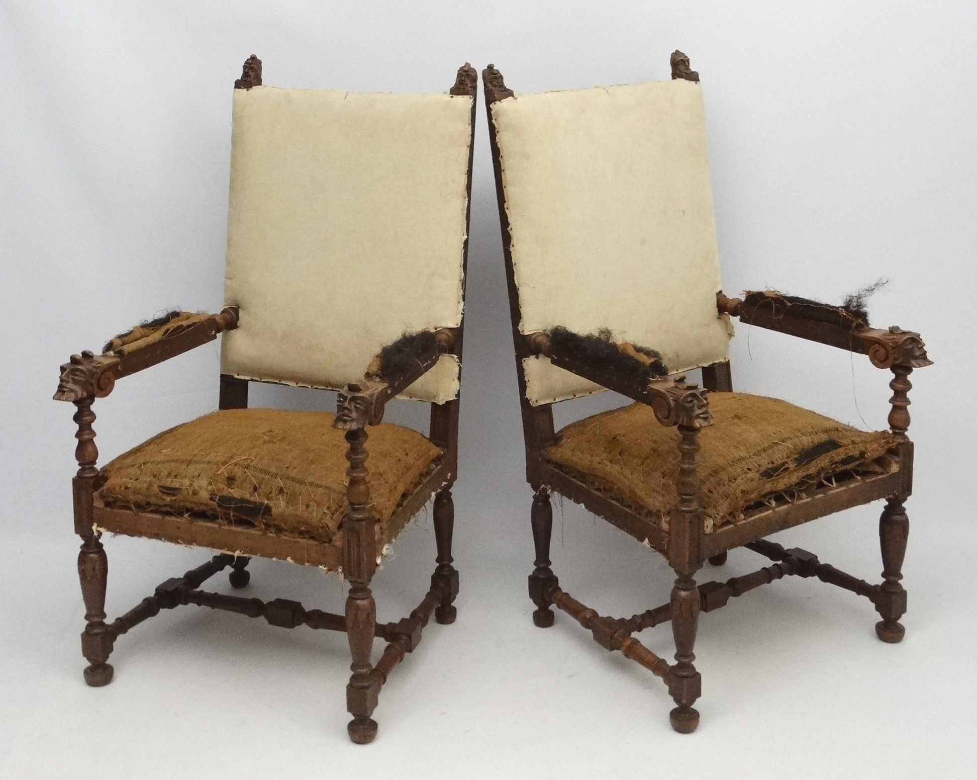 A pair of late 19thC Continental carved oak over sized open arm elbow chairs 49" high - Image 3 of 7