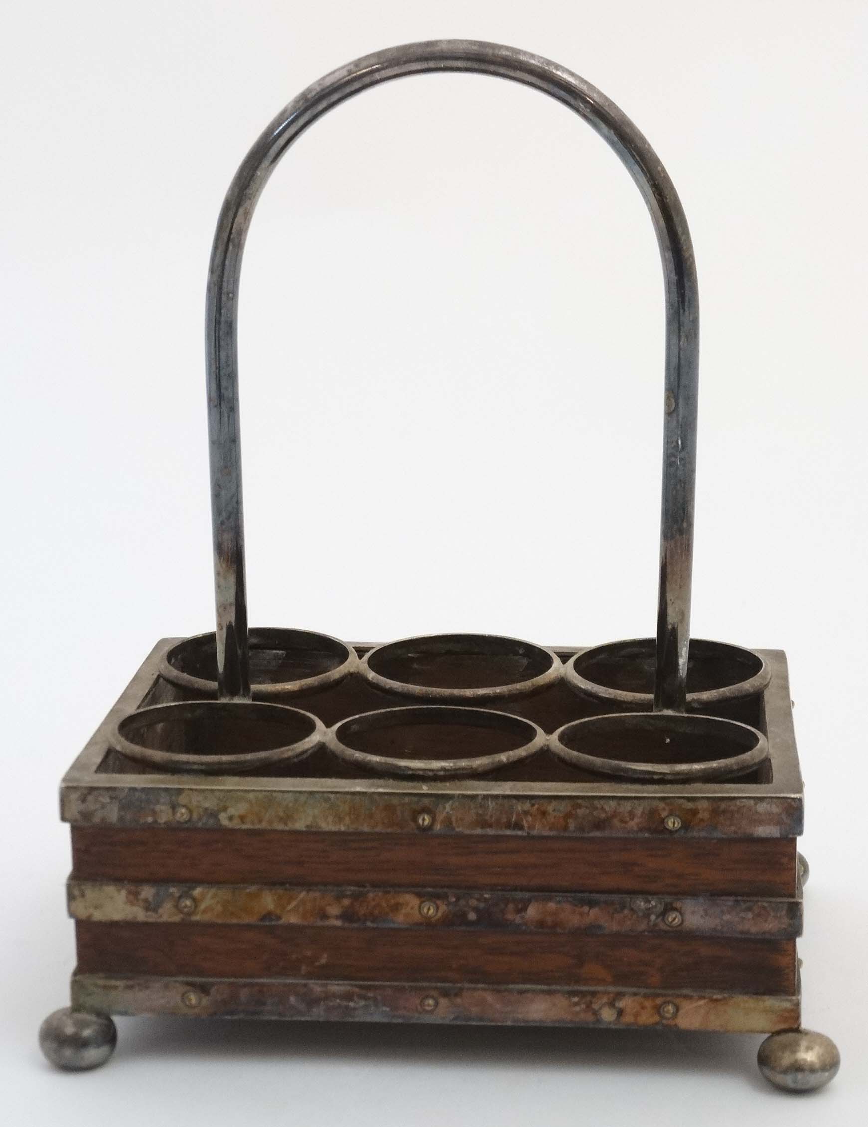 A silverplate and oak 6 division condiment / cruet stand, on bun shaped feet, - Image 3 of 4