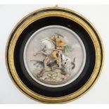 A late 20thC Roundel depicting Saint George on a rearing horse battling the Dragon , in frame.
