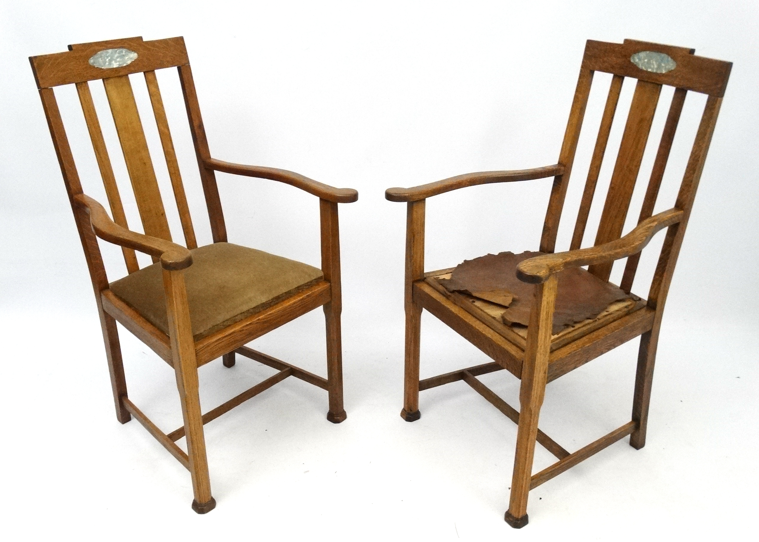 Arts and Crafts : a pair of Oak open Armchairs with canted square column legs , - Image 4 of 5