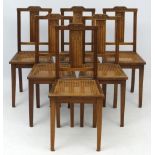 Art Deco : A set of 6 French Walnut Dining chairs with carved back splat and top rail and caned