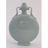 A Chinese Celadon twin handled Moon flask with unusual Garlic head neck,