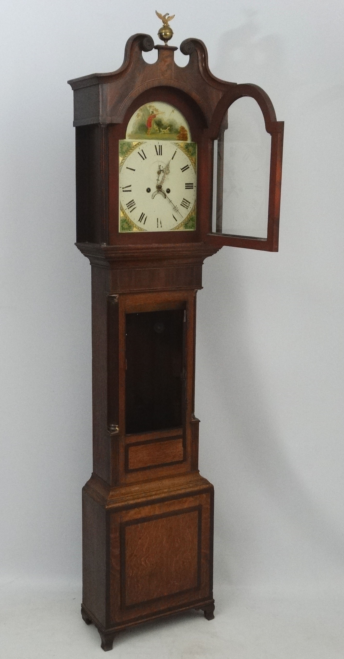 19thC longcase : a Grandfather Clock having a 13" break arch painted dial ( with figure shooting in - Image 3 of 11