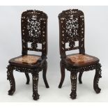 A pair of Chinese hardwood chairs with rouge marble seats and mother of pearl decoration 36 1/2"