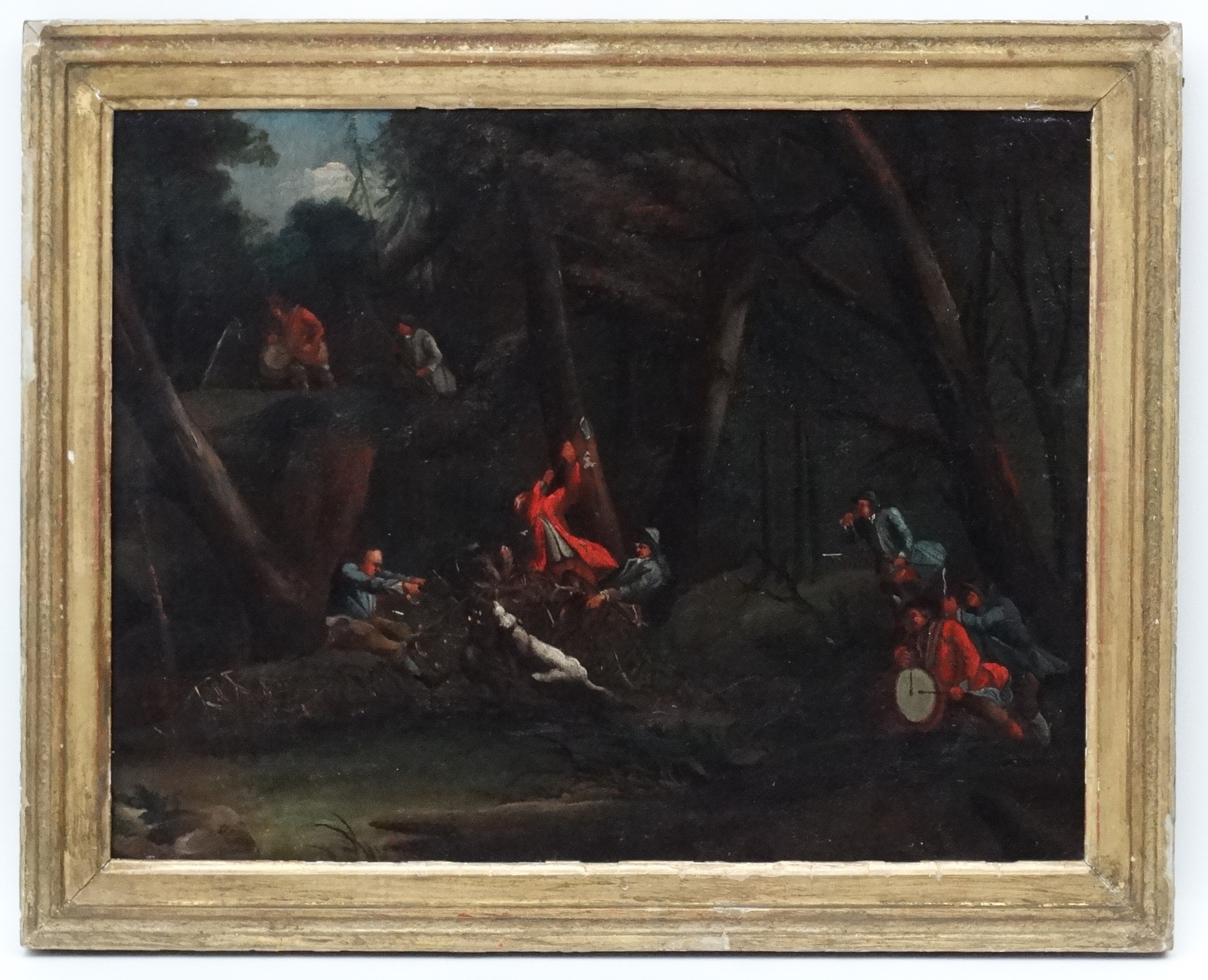 XIX Continental School, Oil on canvas l, ' The Wild Boar Hunt ' figures in the woods ,