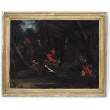 XIX Continental School, Oil on canvas l, ' The Wild Boar Hunt ' figures in the woods ,