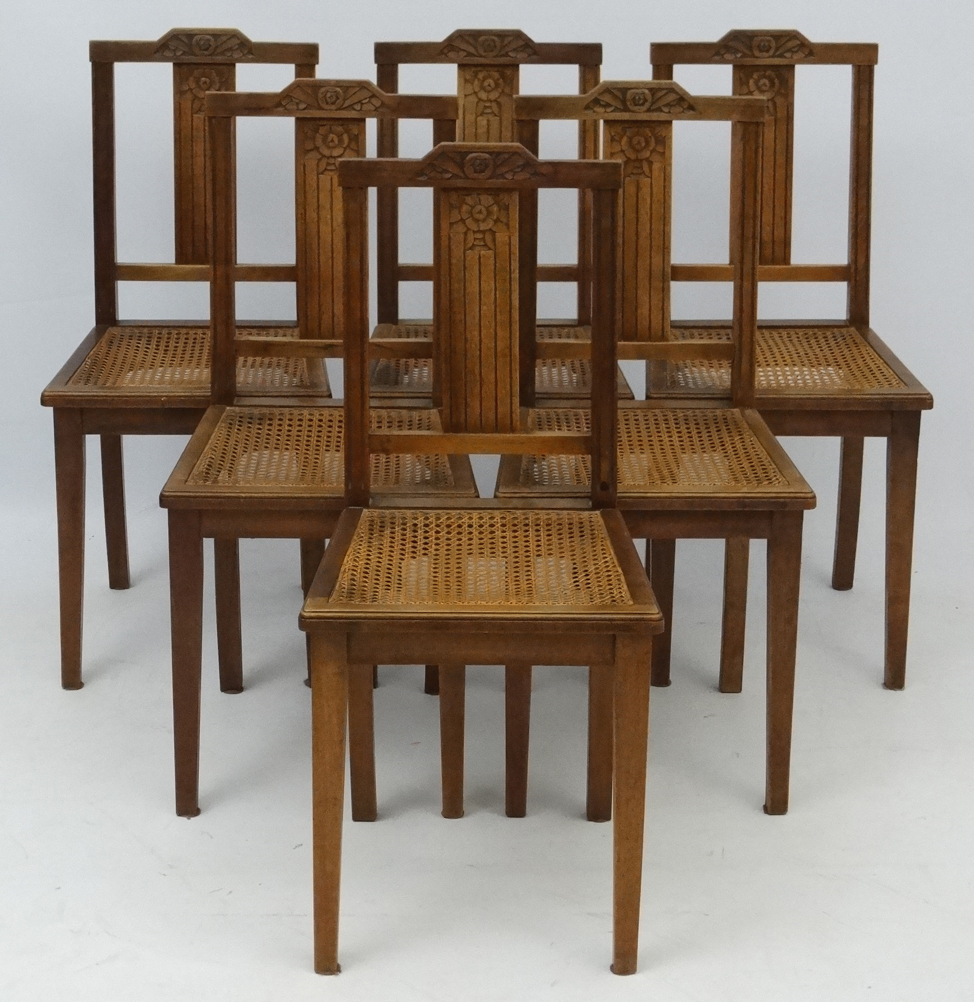 Art Deco : A set of 6 French Walnut Dining chairs with carved back splat and top rail and caned - Image 3 of 5