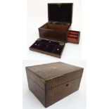 A mid - late 19thC inlaid banded walnut ladies travelling box with fitments, bottles,