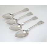 A set of 4 Irish silver fiddle pattern tablespoons with rats tail to bowls.