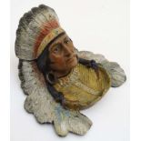 A 21st Novelty cold painted bronze inkwell formed as the head of a Native American Indian chief .