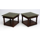 A pair of late 20thC gold tooled green leather topped lamp tables with under tier shelf.
