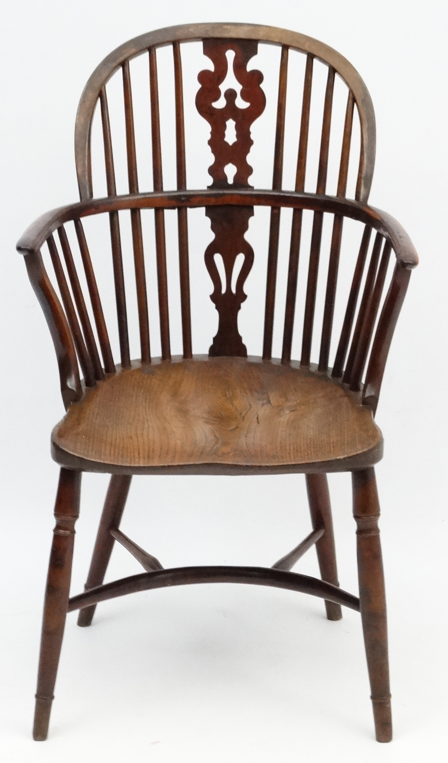 An 18thC Yew wood Windsor chair with elm seat shaped uprights and crinoline stretcher. - Image 3 of 4