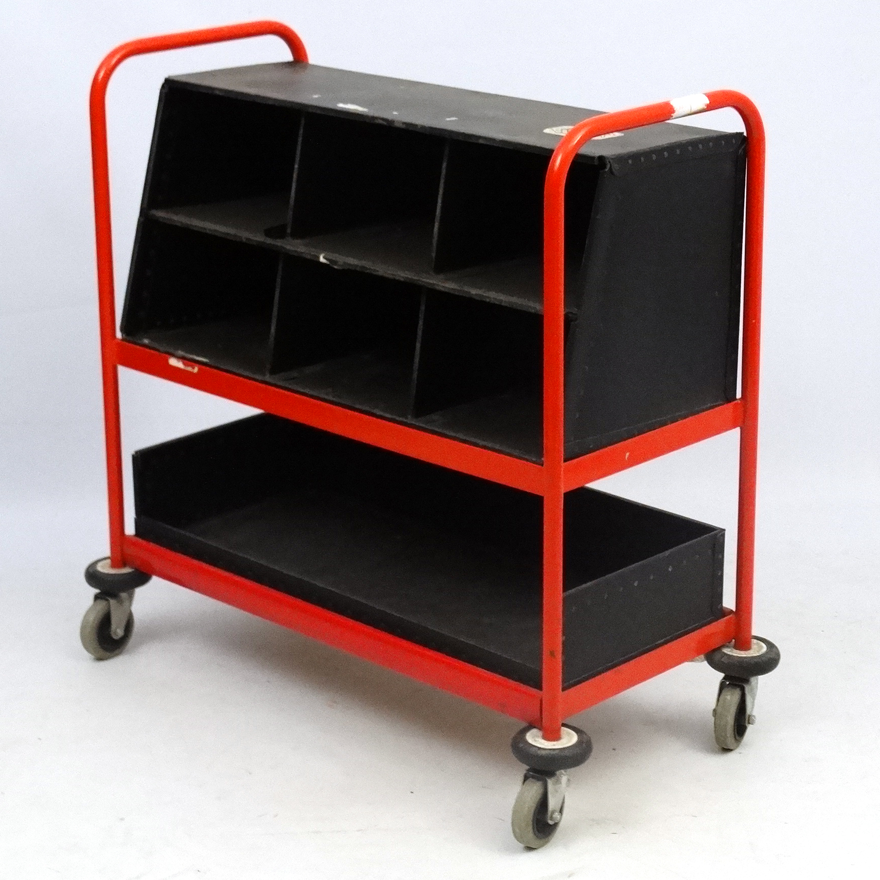 Vintage Industrial : a painted Post sorting trolley , with pigeon holes and shallow tray under , - Image 2 of 4