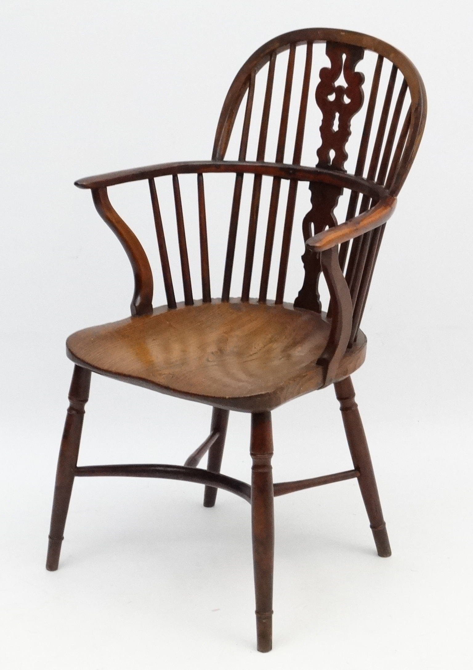 An 18thC Yew wood Windsor chair with elm seat shaped uprights and crinoline stretcher. - Image 4 of 4