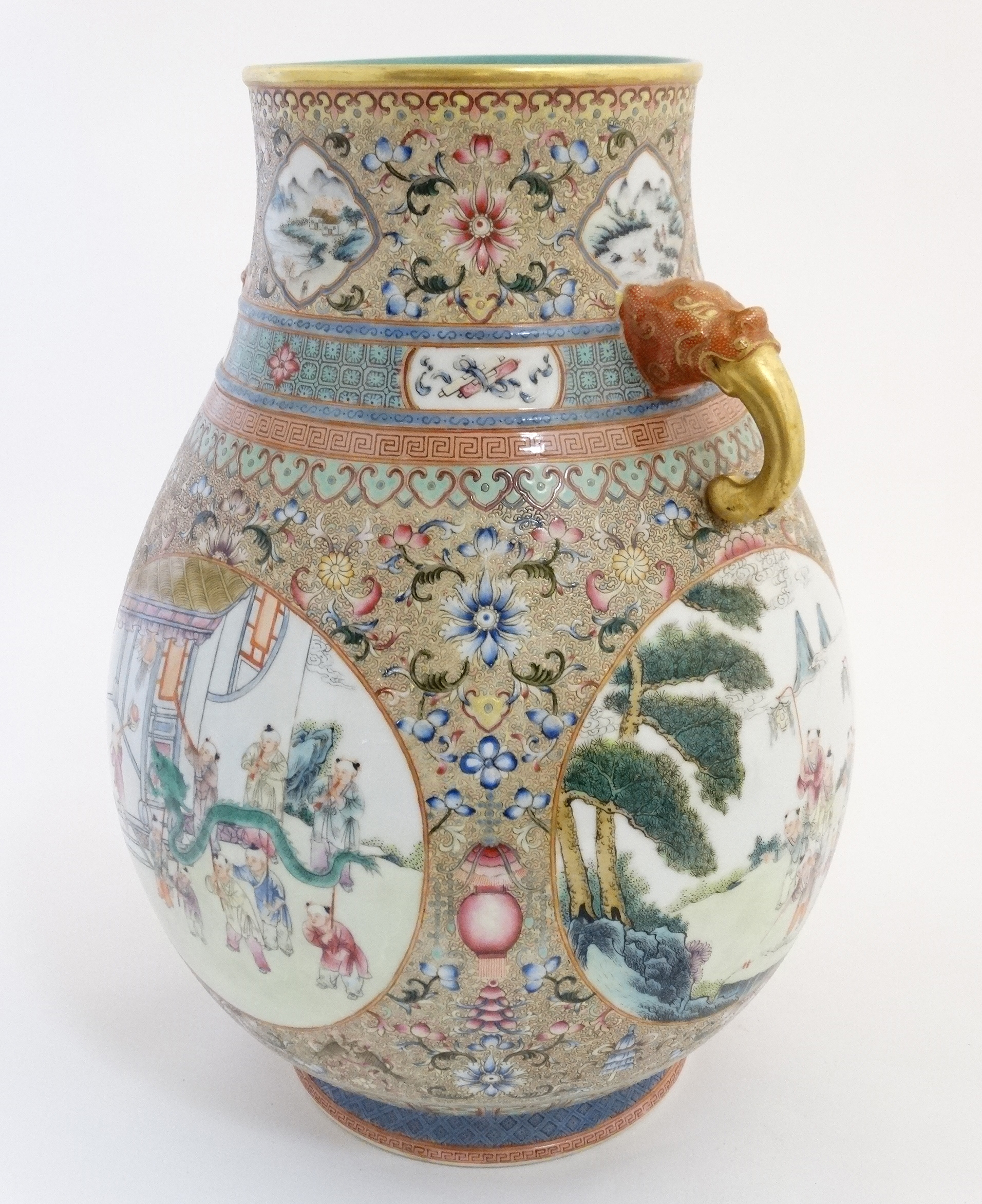 A large Chinese famille rose 'Niutou Zuo' twin handled vase, - Image 4 of 6